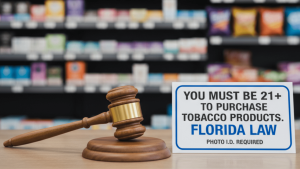 Gavel and 'You Must Be 21+ to Purchase Tobacco Products. Florida Law' sign on a convenience store counter.