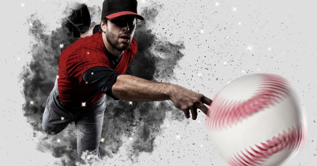 Pitcher Baseball Player with a red uniform coming out of a blast of smoke .