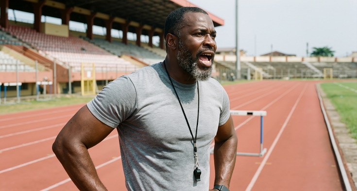 Black man coach with grey beard wearing whistle and shouting instructions on athletic track stadium. Sports training and motivation banner with copy space