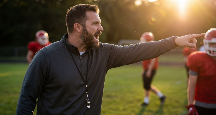 An intense bearded football coach in a grey jacket shouts commands and points emphatically while directing players during a golden hour outdoor practice session on the field.