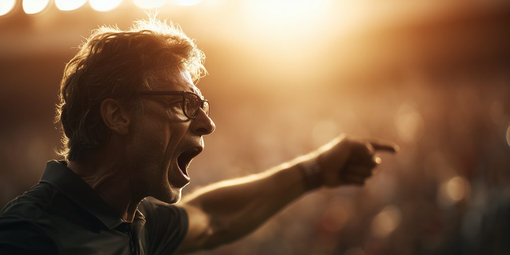 Emotional sports coach screaming instructions while pointing intensely under bright stadium floodlights, concept for competitive success, team motivation and passionate leadership