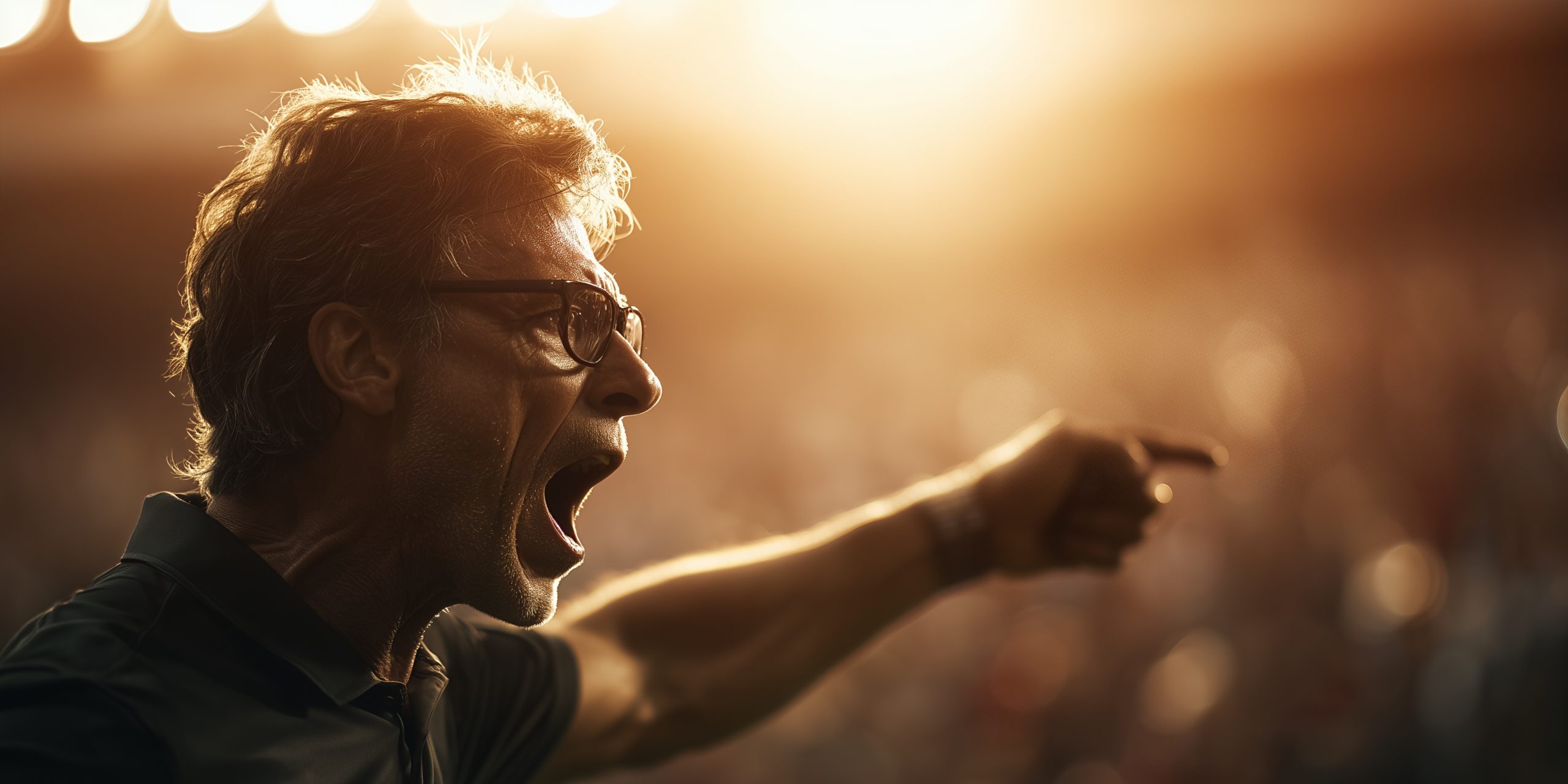 Emotional sports coach screaming instructions while pointing intensely under bright stadium floodlights, concept for competitive success, team motivation and passionate leadership