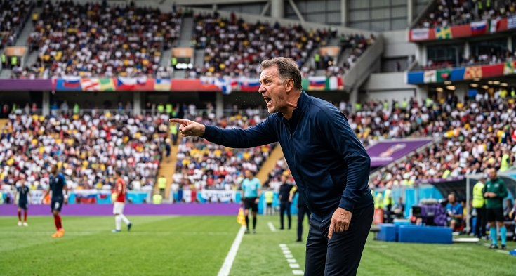 Soccer coach yelling instructions on the sideline during a match with a crowded stadium in the background