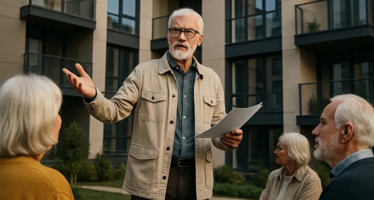Senior man speaking to neighbors outside modern apartment building, holding documents while leading community meeting or homeowners association discussion.