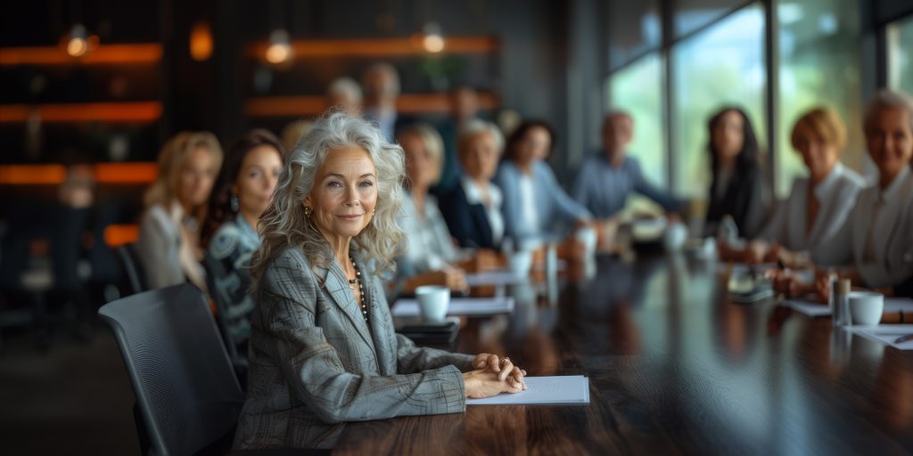 Stylish and confident elderly woman posing while sitting at table and leading a boardroom meeting, seated at the head of the table. 