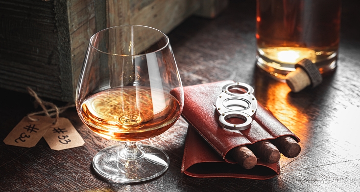 Hand crafted whisky and ccigar in the distillery warehouse